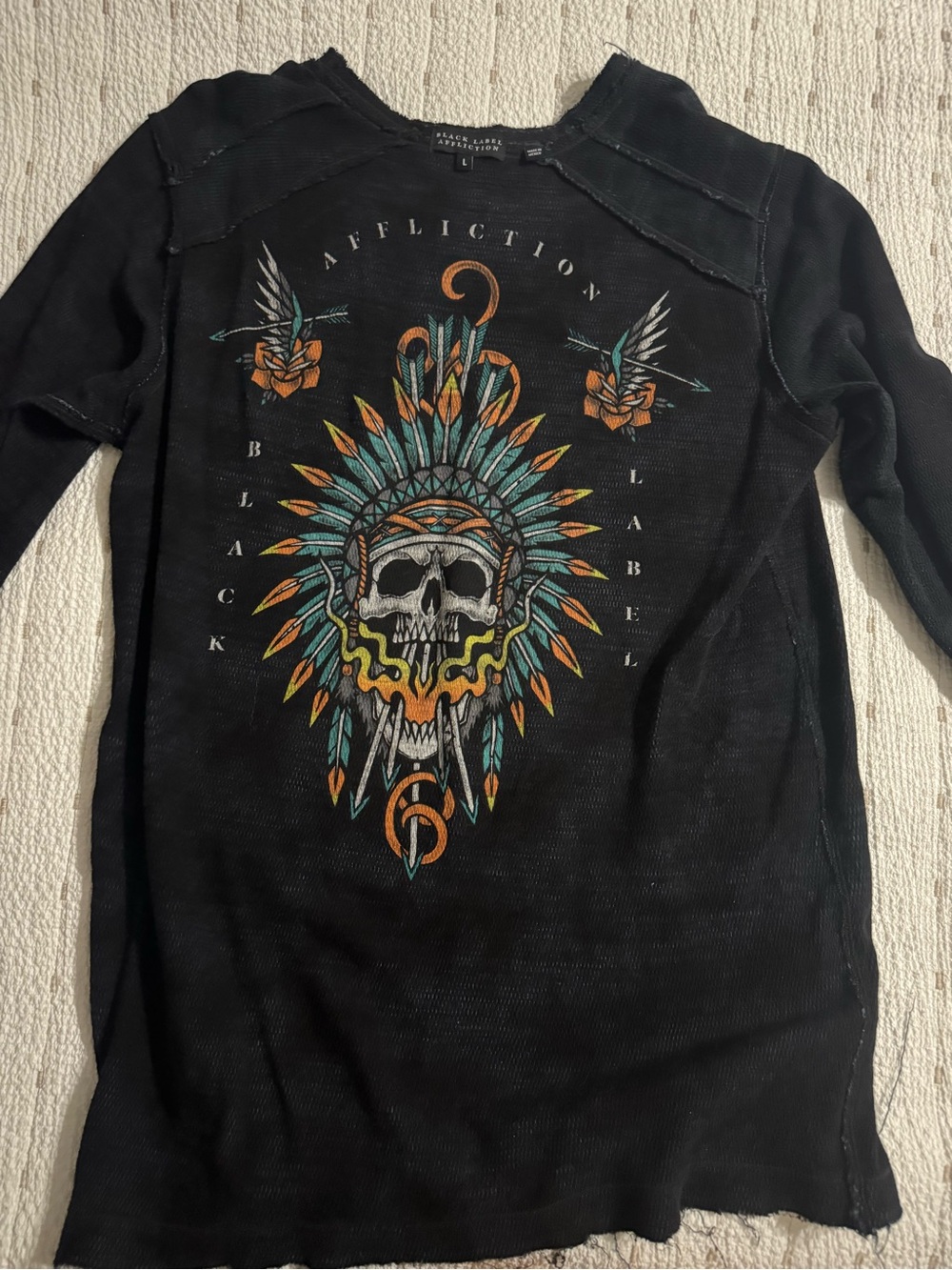 Affliction Black Long Sleeve Skull Headdress Graphic Tee reversible
